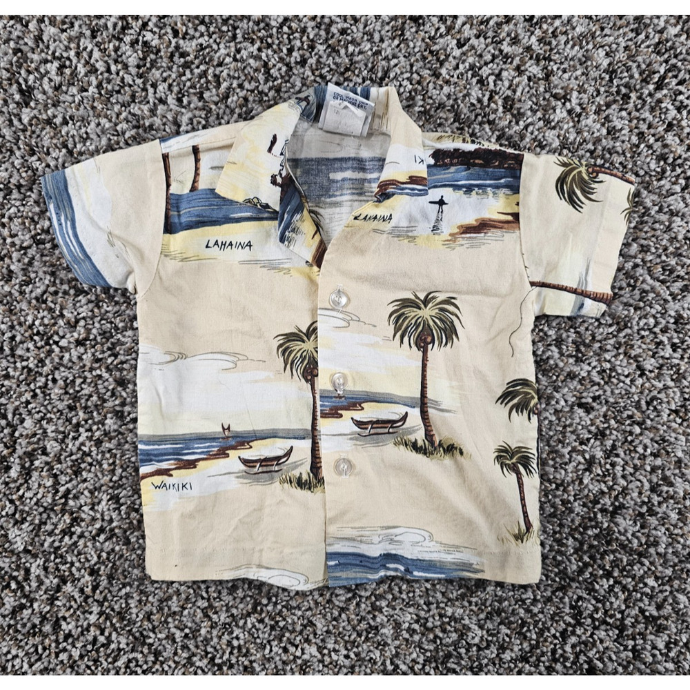 Vintage Nui Nalu Baby Sz 18M Hawaiian Shirt Light Blue Palm Tropical Print